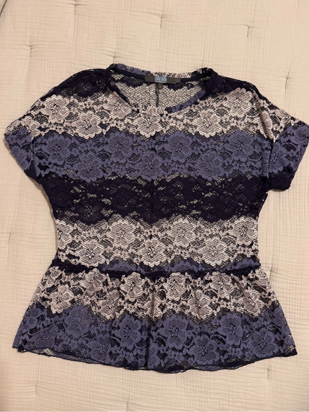 Eva Franco Lace Peplum Top in Navy and White